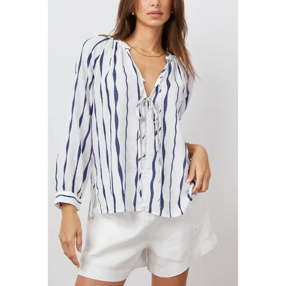 Rails Women's Top Blouse Sz M Brielle Long‎ Sleeve Blue White Tie Neck